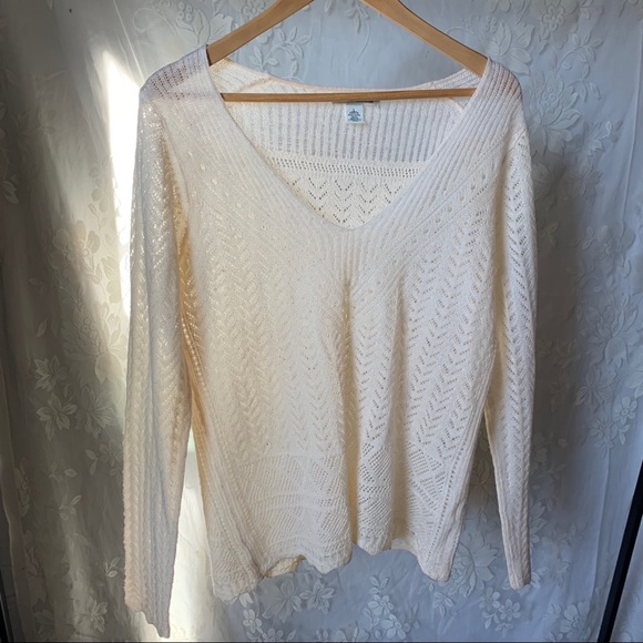 Vintage Ivory Merino Wool Sweater Pointelle Knit V-neck L - Picture 2 of 6